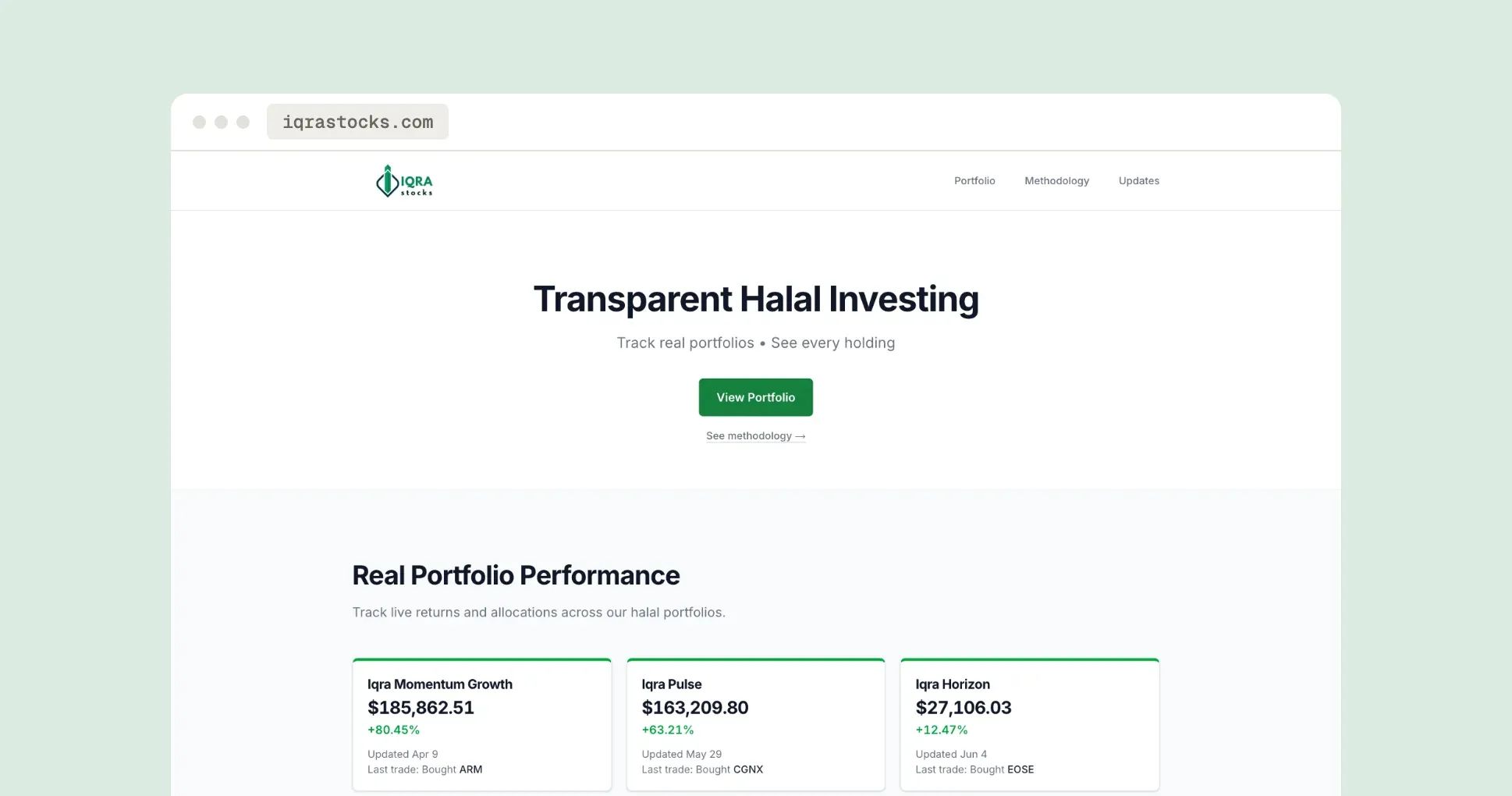 IqraStocks home page with its headline and three live halal portfolios