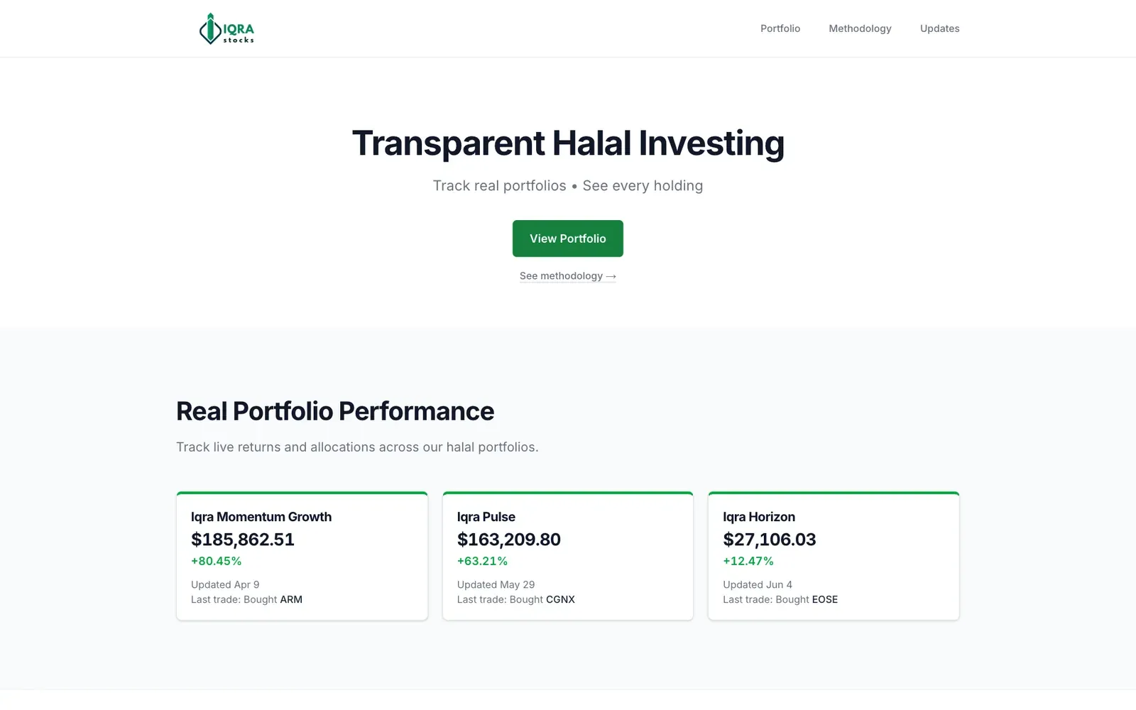 IqraStocks home page with its headline and three live halal portfolios
