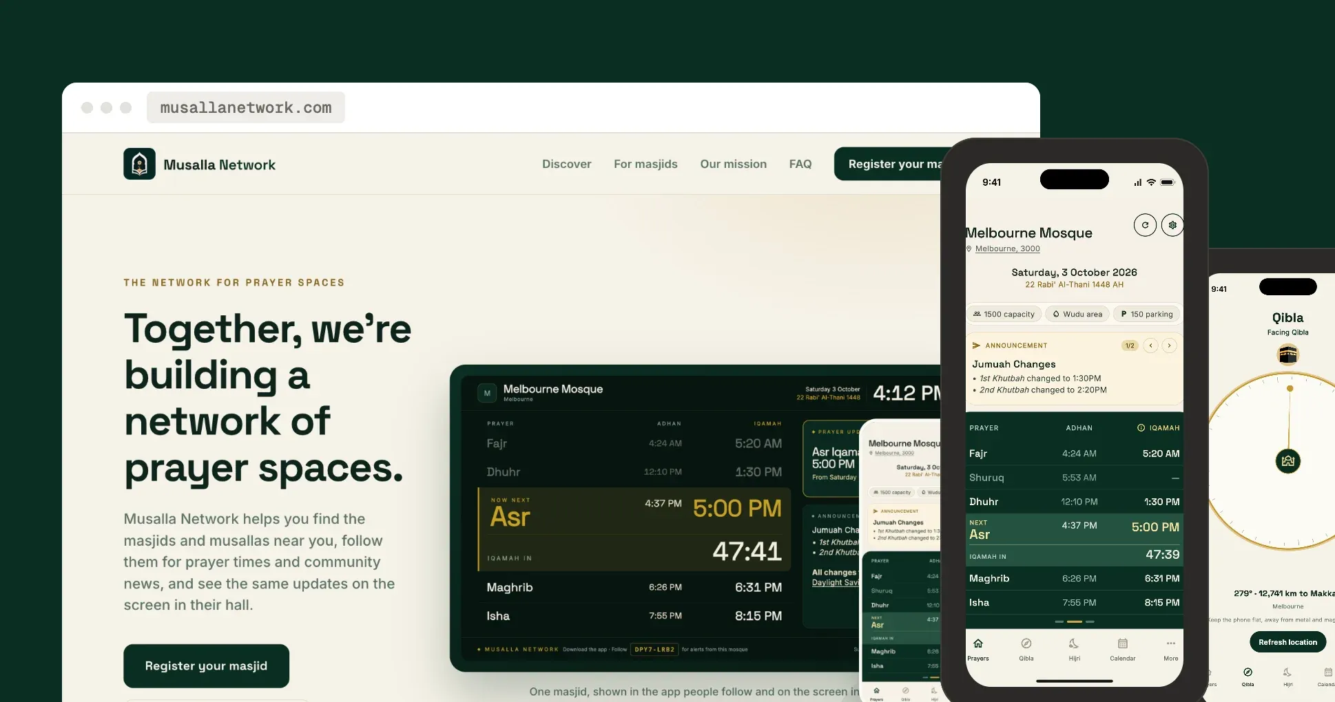 The Musalla Network website beside the phone app's prayer times and Qibla screens