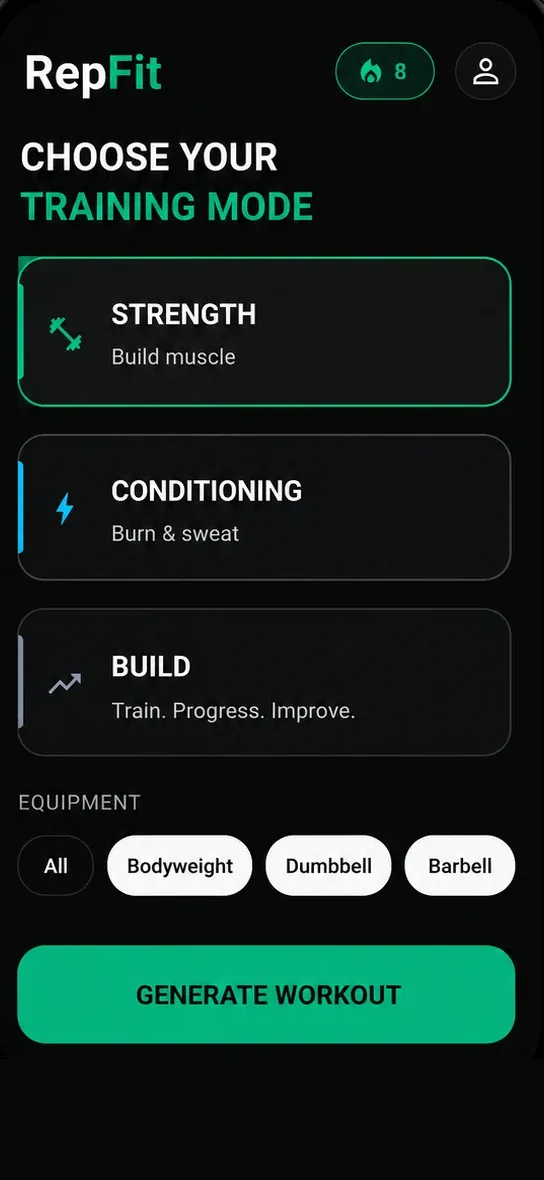 RepFit screen for choosing a training mode and equipment before generating a workout