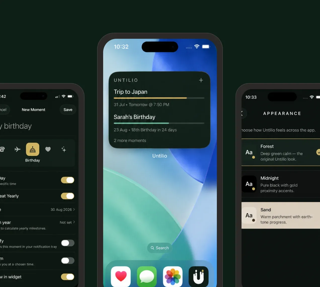 Three Until screens: the home screen widget, adding a moment and choosing a theme
