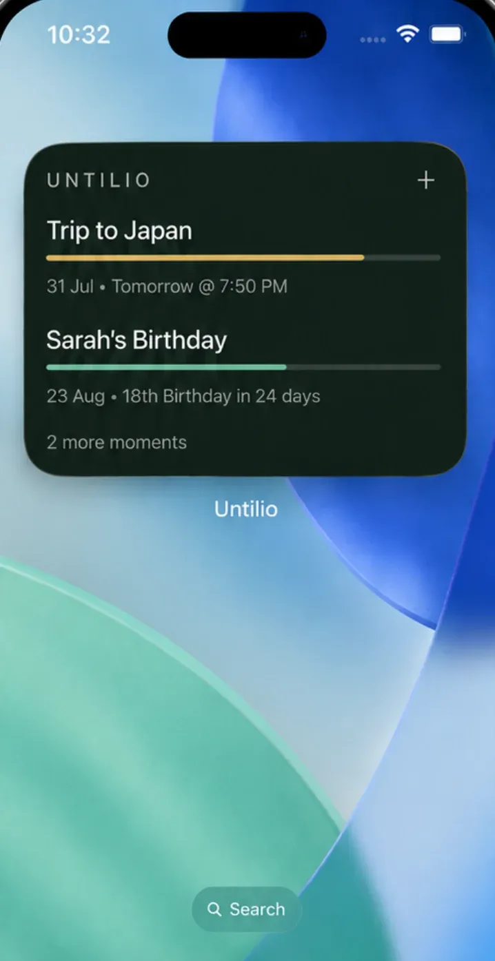 Until widget on an iPhone home screen, counting down to a trip and a birthday