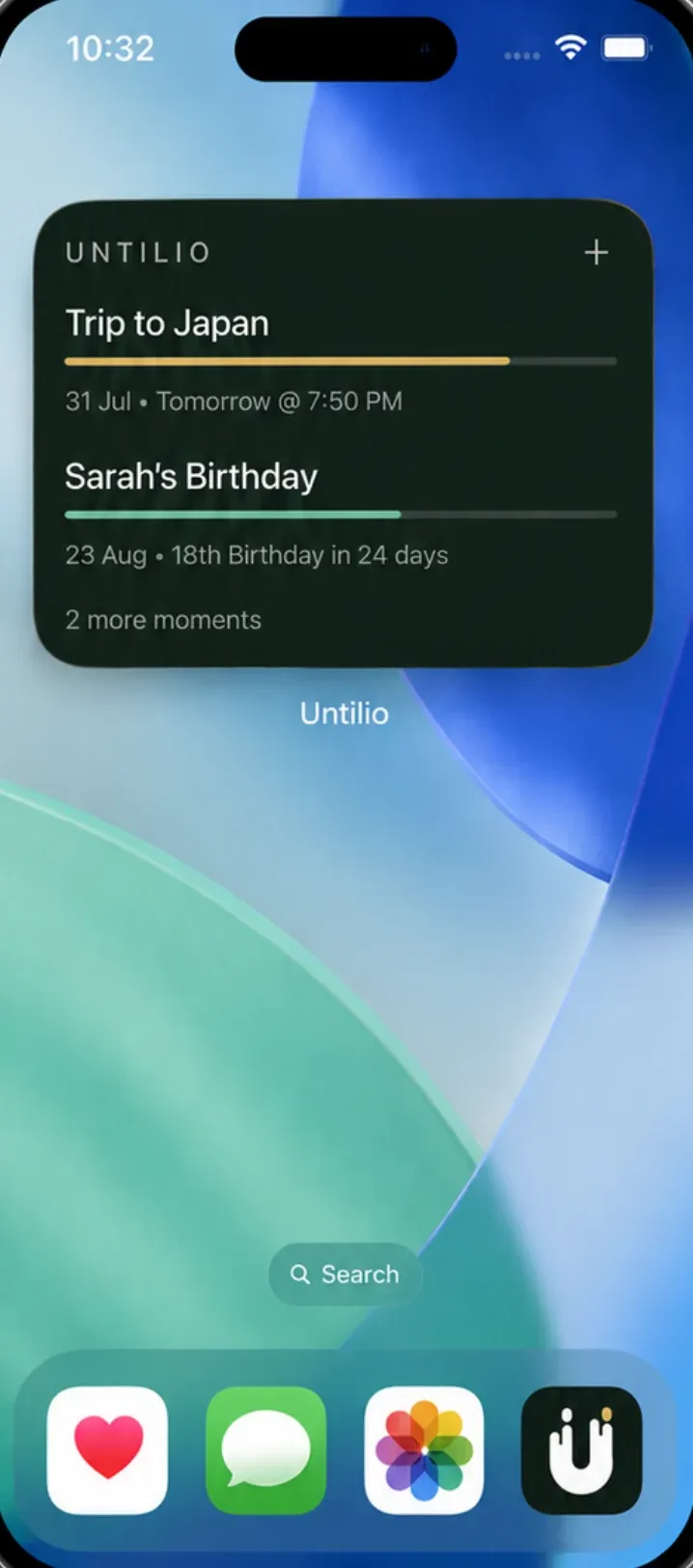 Until widget on an iPhone home screen, counting down to a trip and a birthday